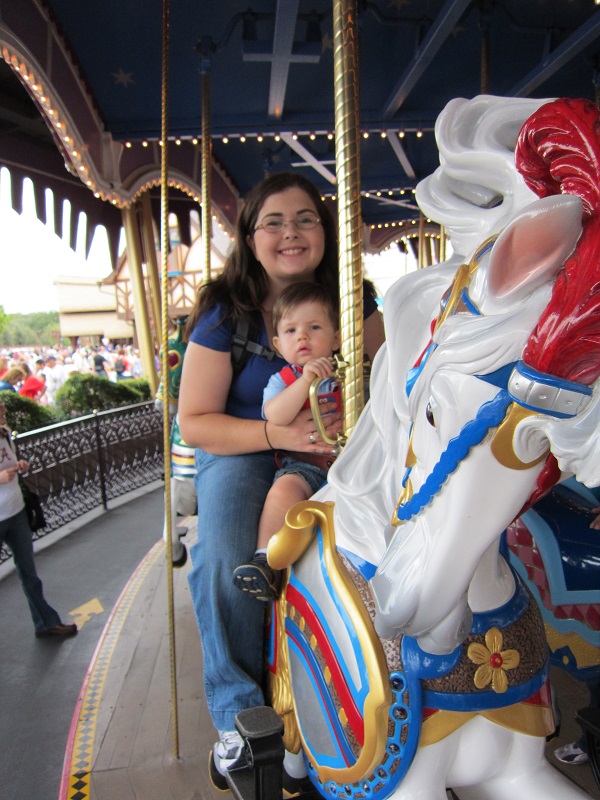 We take a traditional photo on King Arthur's Carousel every single trip. This is my son Connor's first ever ride on a King Arthur's Carousel!