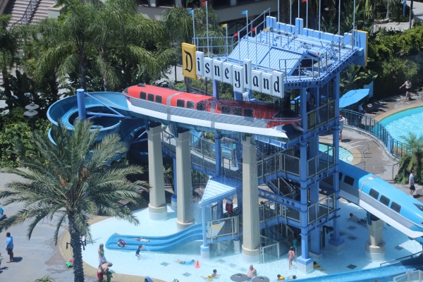 At Disneyland Hotel, the Monorail Slides and Pool area are fun for the whole family.